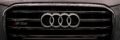 Close-up of a rain-covered Audi car grille showcasing luxury and elegance under cloudy skies.